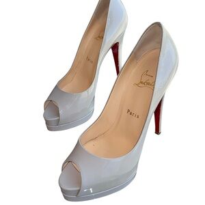 Christian Louboutin White Patent Leather Peep-Toe Platform Pumps with Red Soles